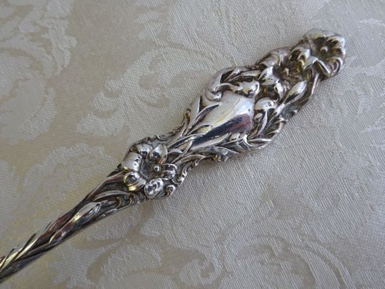 Antique Ornate Sterling Silver Serving Fork Georgian 3 Prong Long Handle