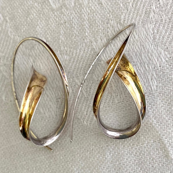 Modernist Loop and Drop Anticlastic Hoop Earrings Sterling Silver and 18K Gold, Nancy Linkin