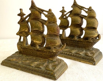 Antique Bronze Bookends, Galleon, 3 Masted Sailing Boat, Frigate, Ship, Doorstop, Heavy, Navy, 5 Pounds