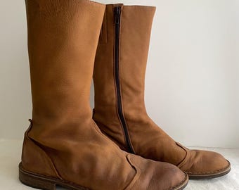 Italian Mid Calf Leather Boots with Zippers, SIze 10M, Brown, Comfortable, Low Heel, Rustic, Bohemian