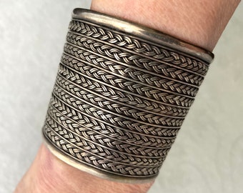 Chunky Extra Wide Sterling Silver Cuff Bracelet, Braided, Herringbone,, Hallmarked, 2 1/4" Width, Unisex