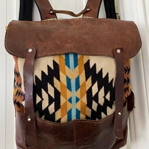 May include: A brown leather backpack with a geometric patterned fabric center. The fabric features black, white, yellow, and blue diamond shapes. The bag has brown leather straps and a flap closure. The backpack is hanging on a white door.