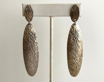 Modernist Long Hammered Sterling Silver Oblong Palettes Dangle Earrings, Hallmarked, Statement