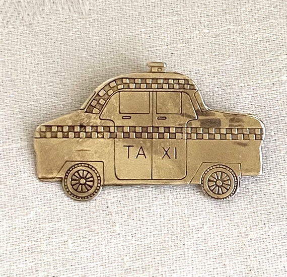 NYC Vintage Taxi Cab Brooch, Sterling Silver - image 1
