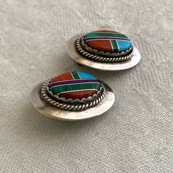 Vintage Native American Inlaid Earrings, Navajo, … - image 3