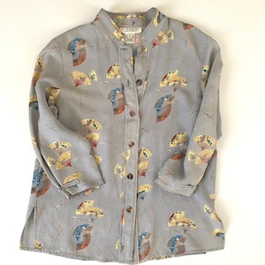 Citron Santa Monica Gray Silk Shirt, Washable, Size Small, Asian Motif