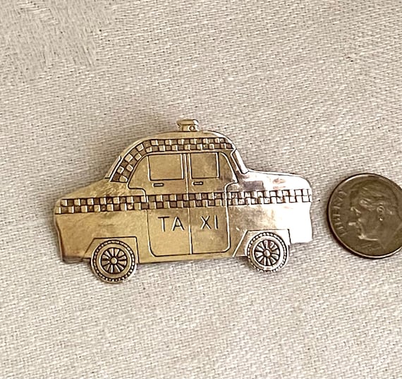 NYC Vintage Taxi Cab Brooch, Sterling Silver - image 2