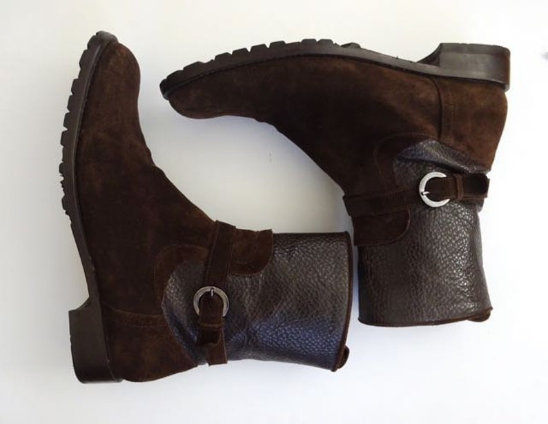 Brown Pebble Leather Zippers Buckles Vintage Fieramosca Moto Boots Suede Made in Italy