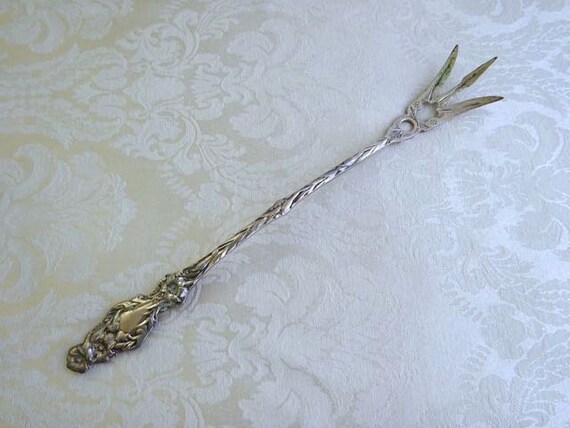 Antique Ornate Sterling Silver Serving Fork Georgian 3 Prong Long Handle