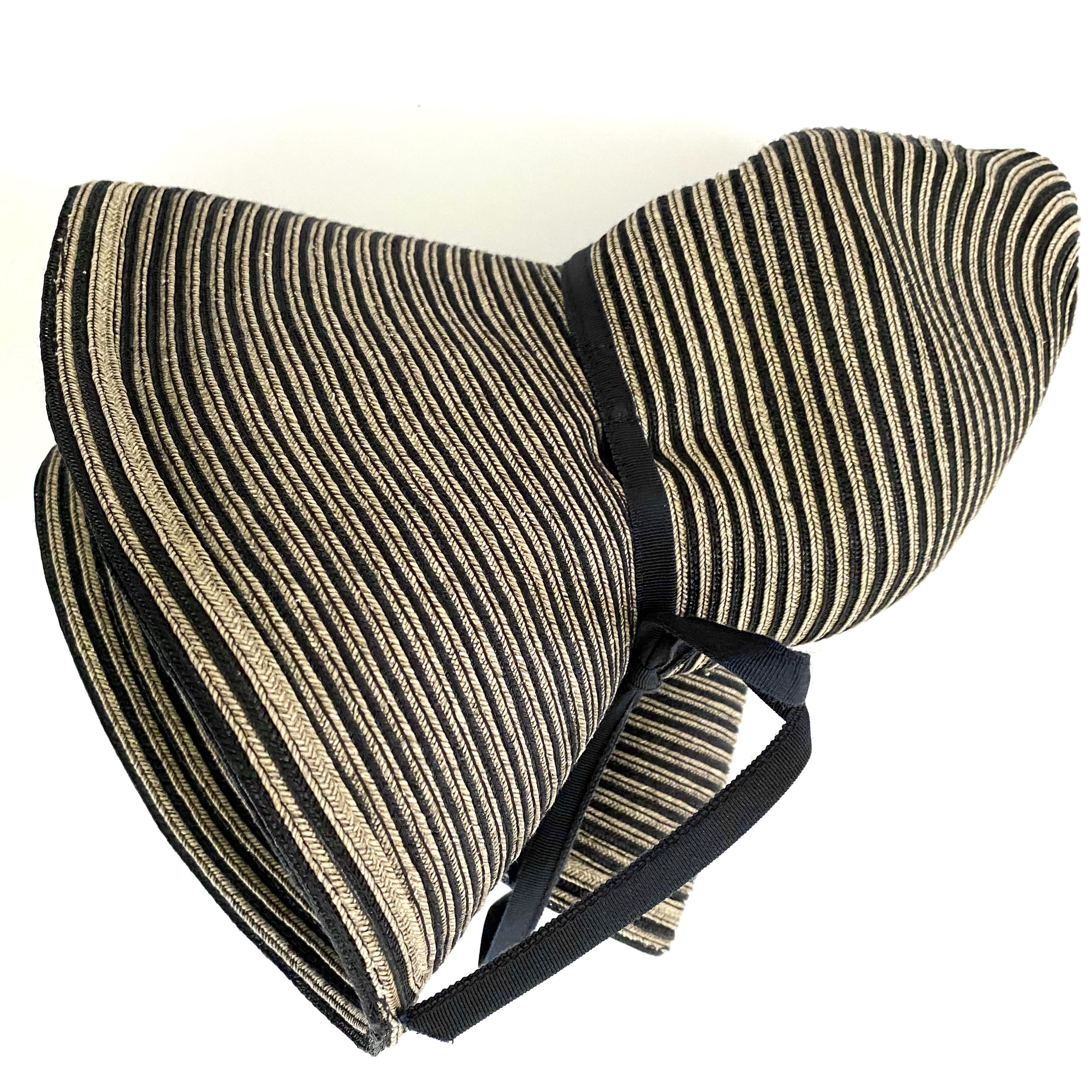 Eric Javits Tan and Black Stripe Wide Brim Hat, Packable 