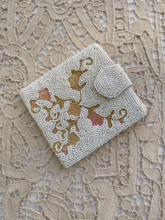 Vintage White Beaded Evening Wallet,  Embroidered,