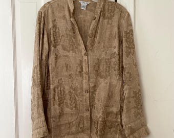 Túnica/Camisa/Chaqueta de lino damasco vintage, color cidra de Santa Mónica, caqui, talla mediana, jacquard