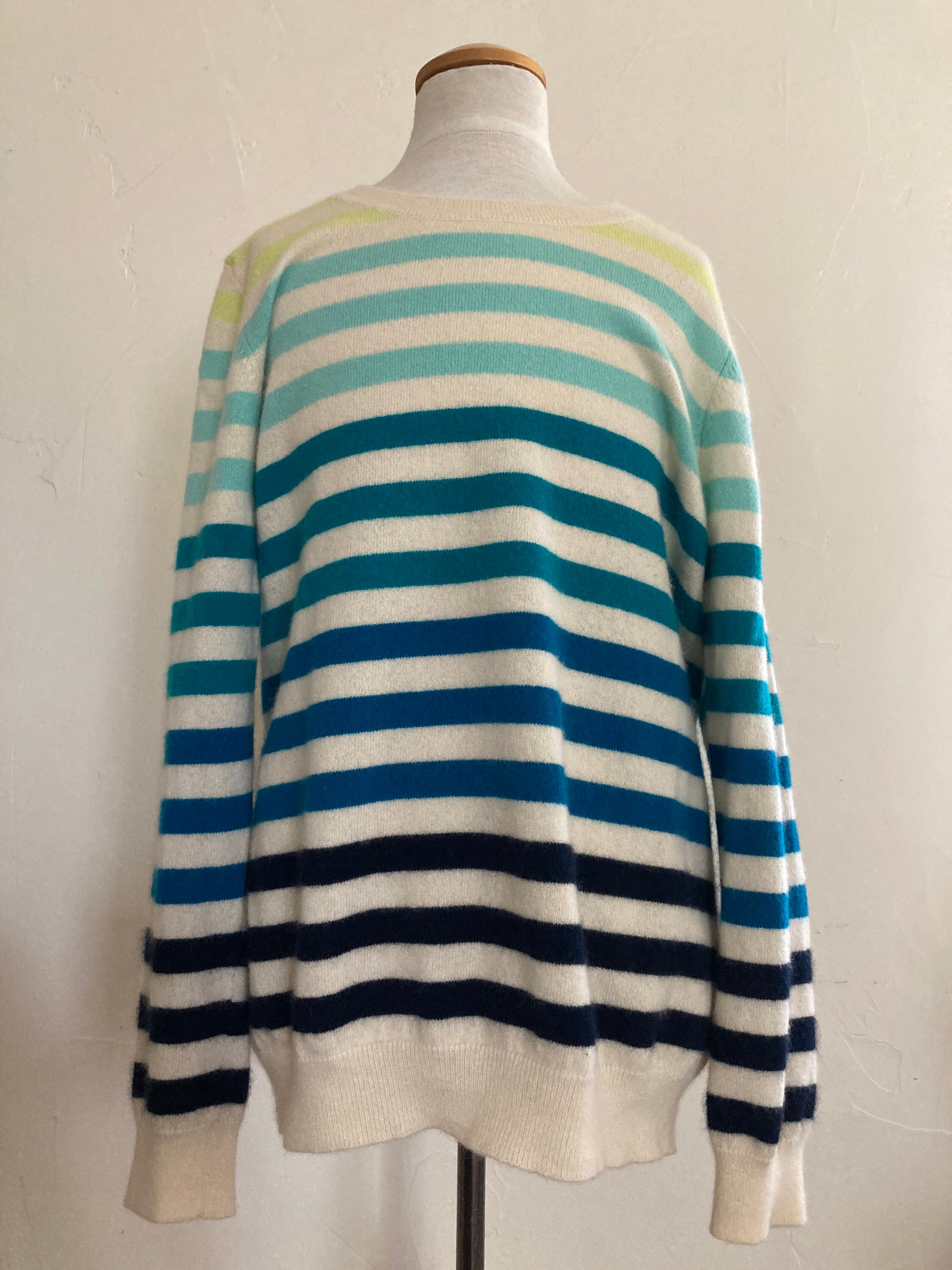 RomanysVintage Luxury Cashmere Sweater, Striped, Size Large, Cream, Teal Blue, Green, Black