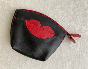 Black Leather Coin Purse Wallet with Red Trim and Kiss