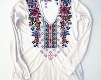 Johnny Was Cotton Embroidered Long Sleeve Top, Size XS