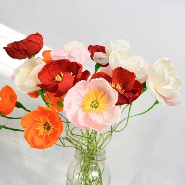 Paper poppies, Crepe Paper poppy, Poppy centerpiece, Poppy bouquet