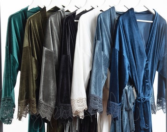 Lace Trim Stretch Velvet Robe: Luxurious Kimono Style