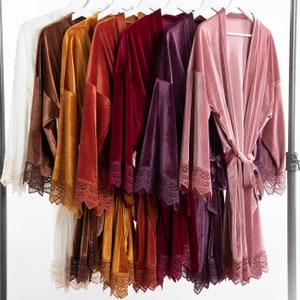 Luxurious Stretch Velvet Robe With Lace kimono robes -Adult Sizes 0 thru 3XL, child sizes,  velvet robe,  bridesmaid Robe, Customizable
