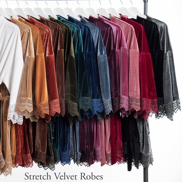 Stretch Velvet Robe with Lace Trim: Kimono Style, Bridesmaid Gift