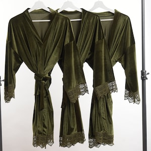 OLIVE green Luxurious Stretch Velvet and Lace kimono style robe Sizes 0 to 5XL, child sizes, bridesmaid gif | monogram| maternity