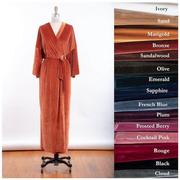 Midi length Luxurious Stretch Velvet kimono robe- Sizes 0 thru 5XL | velvet robe |  bridesmaid gift | Black | Green | White | Long