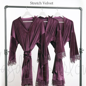 PLUM purple Luxurious Stretch Velvet & Lace robe -Adult Size XS thru 5XL, child sizes| velvet robe |  bridesmaid Robe - 18 colors