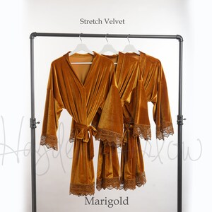 MARIGOLD Luxurious Stretch Velvet & Lace kimono robe-Adult Sizes 0 thru 3XL, child sizes| velvet robe |  bridesmaid Robe - 5 colors