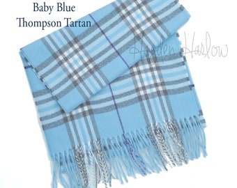 Limited Edition: Baby Blue & Grey Tartan- Warm Winter Wool Blend Scarf Gift, Stocking stuffer, customized - Monogrammable