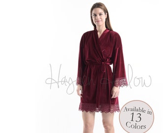ROUGE Luxurious Stretch Velvet Robe with Lace -Adult Sizes 0 thru 5XL, child sizes| bridesmaid, maternity, bridal gift |Customizable