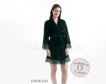 EMERALD Green Luxurious Stretch Velvet & Lace robe -Adult Sizes 0 thru 5XL, child sizes| bridesmaid Robe |Customizable