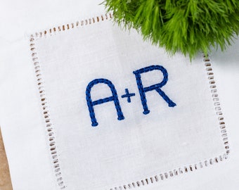 Personalized Embroidered Cocktail Napkins with Minimalist "Rounded Hand" font Custom initials Set of 4, 6, 12 |