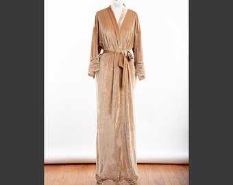 SAND Floor length Luxurious Stretch Velvet & Lace kimono robe- Sizes 0 thru 5XL | velvet robe |  bridesmaid| champagne | Long