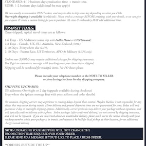 Pode incluir: Um documento informativo branco com texto preto intitulado Hayden Harlow Processing, Shipping & Transit Times. Descreve os tempos de produ&ccedil;&atilde;o, dura&ccedil;&otilde;es de tr&acirc;nsito para v&aacute;rias regi&otilde;es, upgrades de envio e pol&iacute;ticas de pedidos.