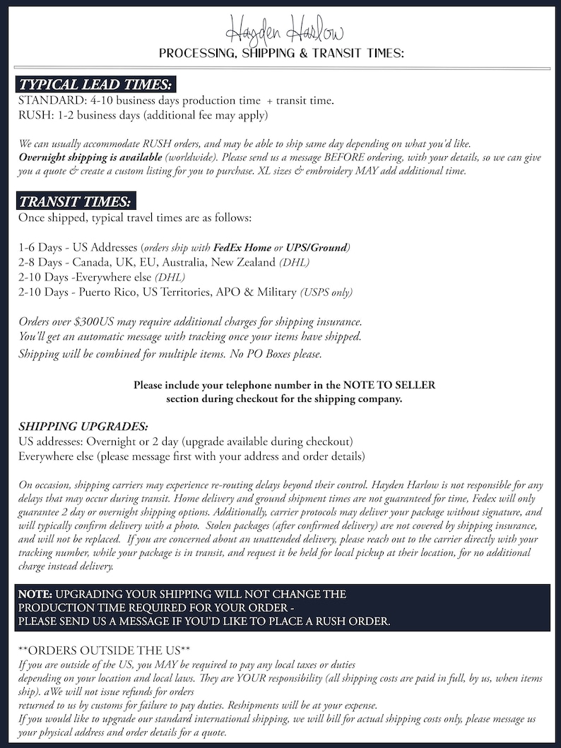 Pode incluir: Um documento informativo branco com texto preto intitulado Hayden Harlow Processing, Shipping & Transit Times. Descreve os tempos de produ&ccedil;&atilde;o, dura&ccedil;&otilde;es de tr&acirc;nsito para v&aacute;rias regi&otilde;es, upgrades de envio e pol&iacute;ticas de pedidos.