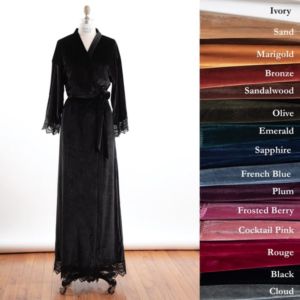 Floor length Luxurious Stretch Velvet & Lace kimono robe- Sizes 0 thru 5XL | velvet gift robe |  bridesmaid | Black | Green | White | Long