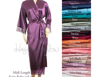 Long Satin & Lace robe - Adult Sizes 0 thru 5XL | bridesmaid robe gift | bride | honeymoon | mother of the | child size
