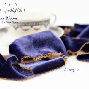 SILK Velvet Ribbon | AUBERGINE | Handmade | Hand Dyed | 1" | 2" | 3" | Stationery | bouquet | wedding | violet purple