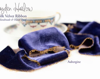Hand Dyed Silk Velvet Ribbon: Aubergine Raw Edge, Handmade