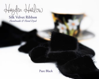 SILK Velvet Ribbon | Pure BLACK |Handmade | Hand Dyed | 1" | 2" | 3"  |  Stationery | bouquet | gift wrap | decor | wedding