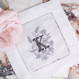 Embroidered Monogram Linen Cocktail Napkins: Botanical Script, Hemstitch Border