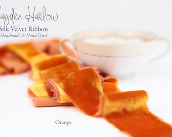 Orange Silk Velvet Ribbon: Handmade, Hand Dyed, Raw Edge