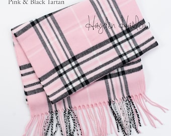 Ready to Ship = Limited Edition: Pink & Black Tartan Warm Winter Wool Blend Scarf Gift, Stocking stuffer