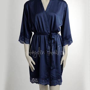 Navy Blue Charmeuse Satin Robe with lace trim-Bride Bridesmaid Flowergirl Monogrammable regular, plus and children's sizes image 3