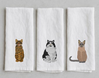 Personalized Flour Sack Tea Towels - cat embroidery, cat lady housewarming, monogram