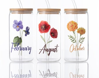 Personalized Birth flower month Iced Coffee Cup - Glass Can style with Lid and Straw - unique Bridesmaid Gift - Custom Proposal