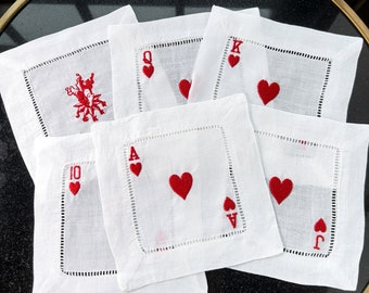 Spielkarte gesticktes Cocktail-Servietten-Set | Pik, Herz, Kreuz, Karo | Einweihungsfeier | Cocktailparty | Geschenk Geschenk für Ihn