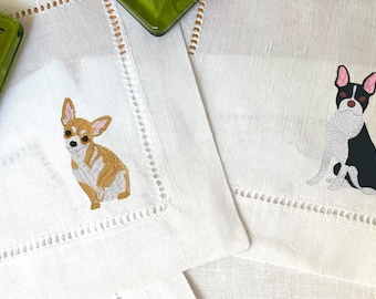 Embroidered Dog Breed Linen Napkins: Hemstitch Cocktail or Dinner Napkins
