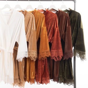 Luxurious Stretch Velvet Robe w/Lace,  kimono - Sizes 0 thru 5XL, child sizes| fall colors | Customizable, monogrammed bridesmaid gift