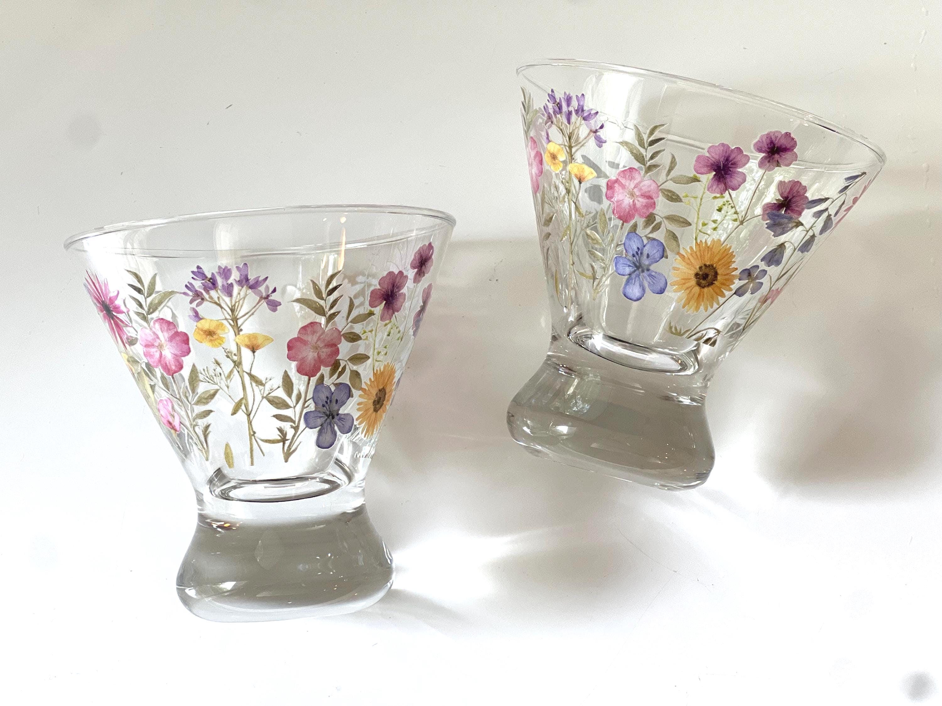 Botanical stemless martini glass set, unique gift, wildflower floral