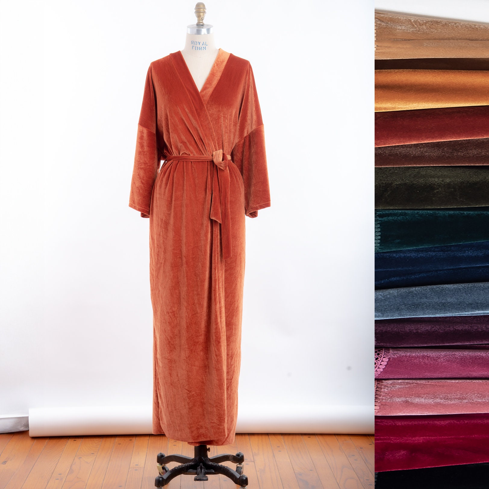 orange velvet dressing gown Velvet Midi Length robe, small through plus sizes, 15 colors, gift for her optional embroidery